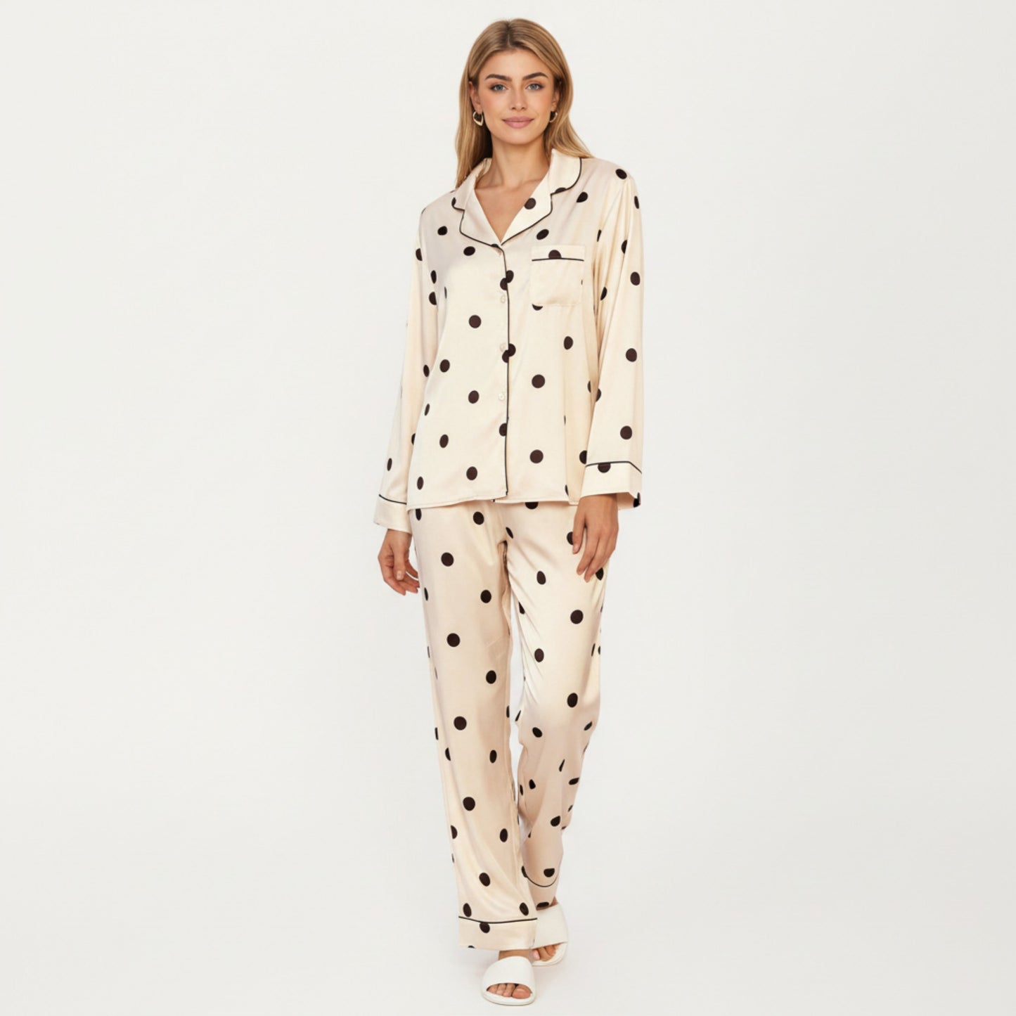 2-Piece Set Satin Polka Dot Pajama Top with Contrast Piping and Matching Straight-Leg Pants