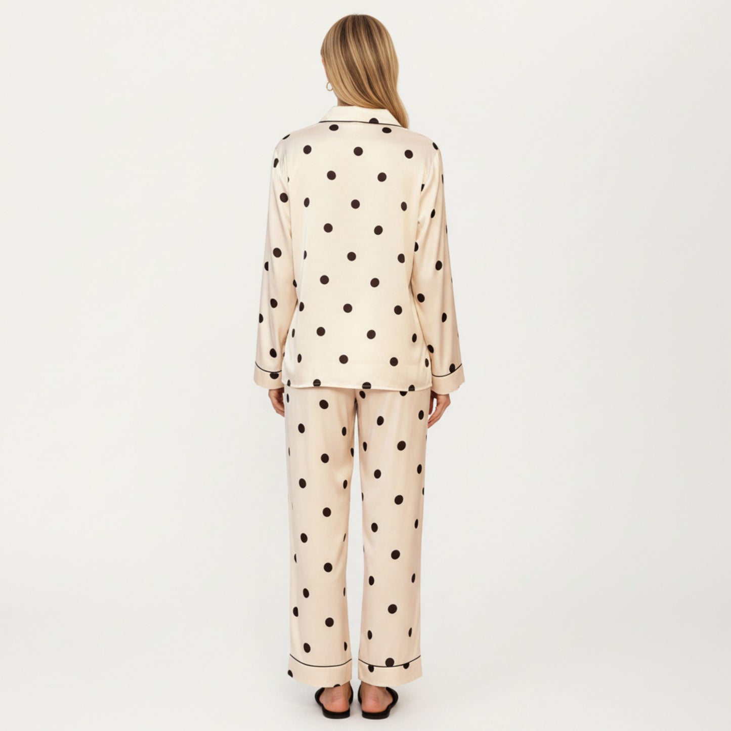2-Piece Set Satin Polka Dot Pajama Top with Contrast Piping and Matching Straight-Leg Pants