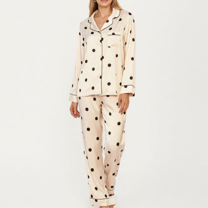2-Piece Set Satin Polka Dot Pajama Top with Contrast Piping and Matching Straight-Leg Pants