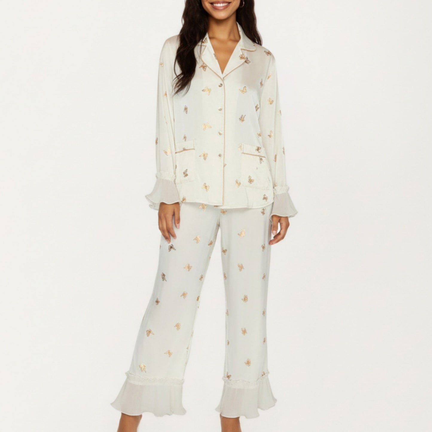 2-Piece Set Satin Pajama Top with Piping Detail and Ruffled Cuffs Paired with Matching Pants