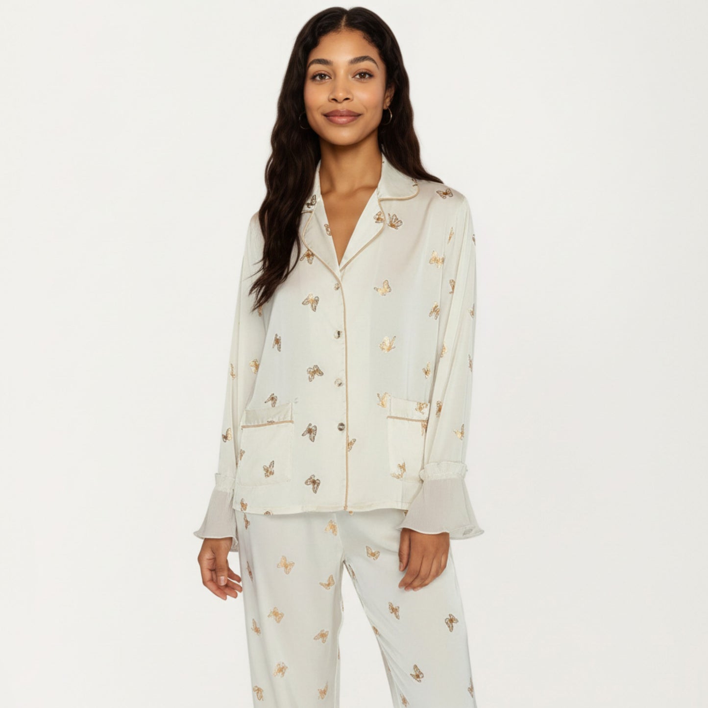 2-Piece Set Satin Pajama Top with Piping Detail and Ruffled Cuffs Paired with Matching Pants