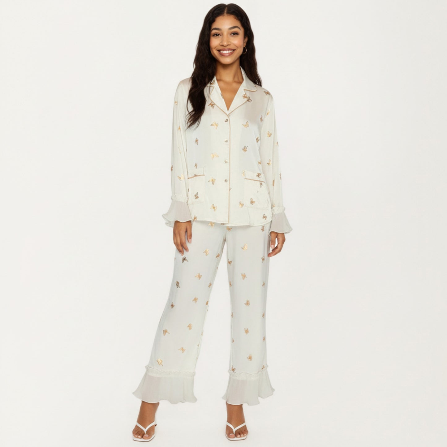 2-Piece Set Satin Pajama Top with Piping Detail and Ruffled Cuffs Paired with Matching Pants