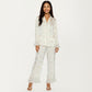 2-Piece Set Satin Pajama Top with Piping Detail and Ruffled Cuffs Paired with Matching Pants