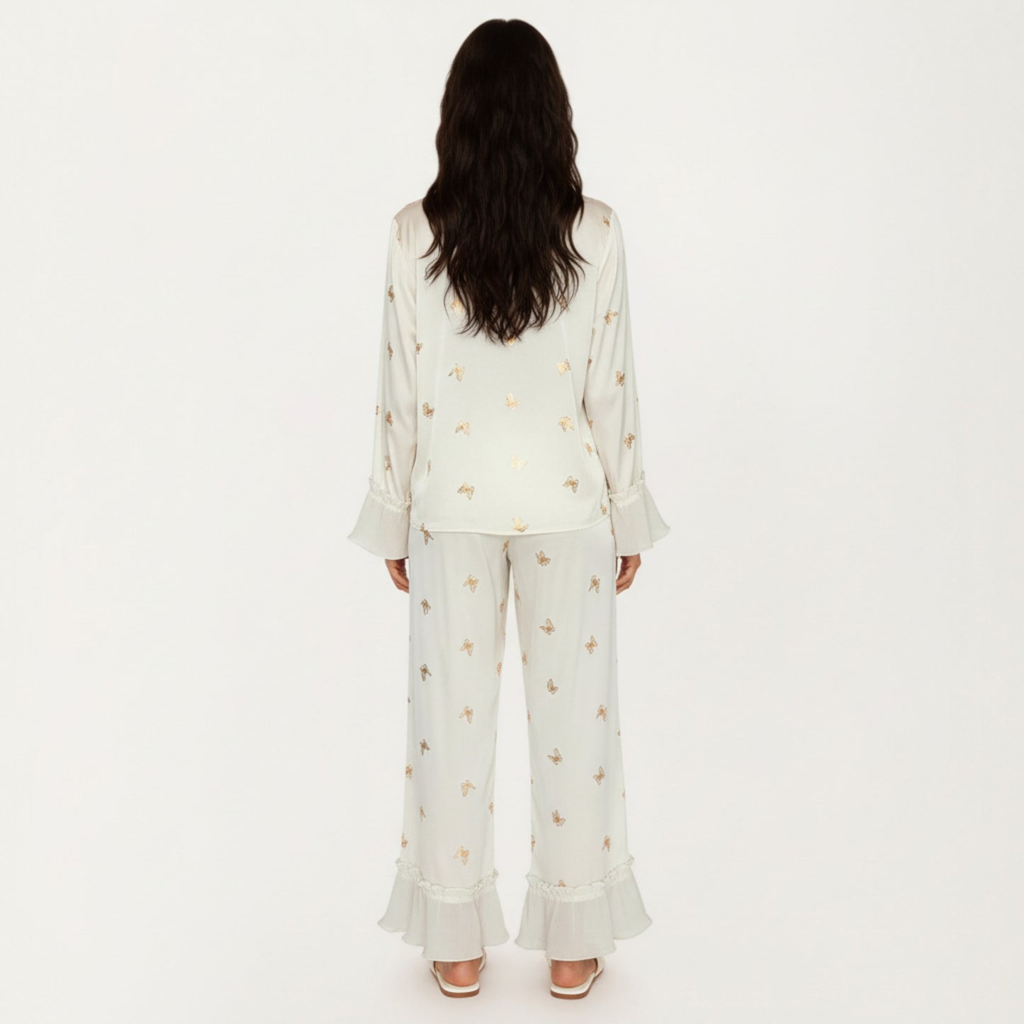 2-Piece Set Satin Pajama Top with Piping Detail and Ruffled Cuffs Paired with Matching Pants
