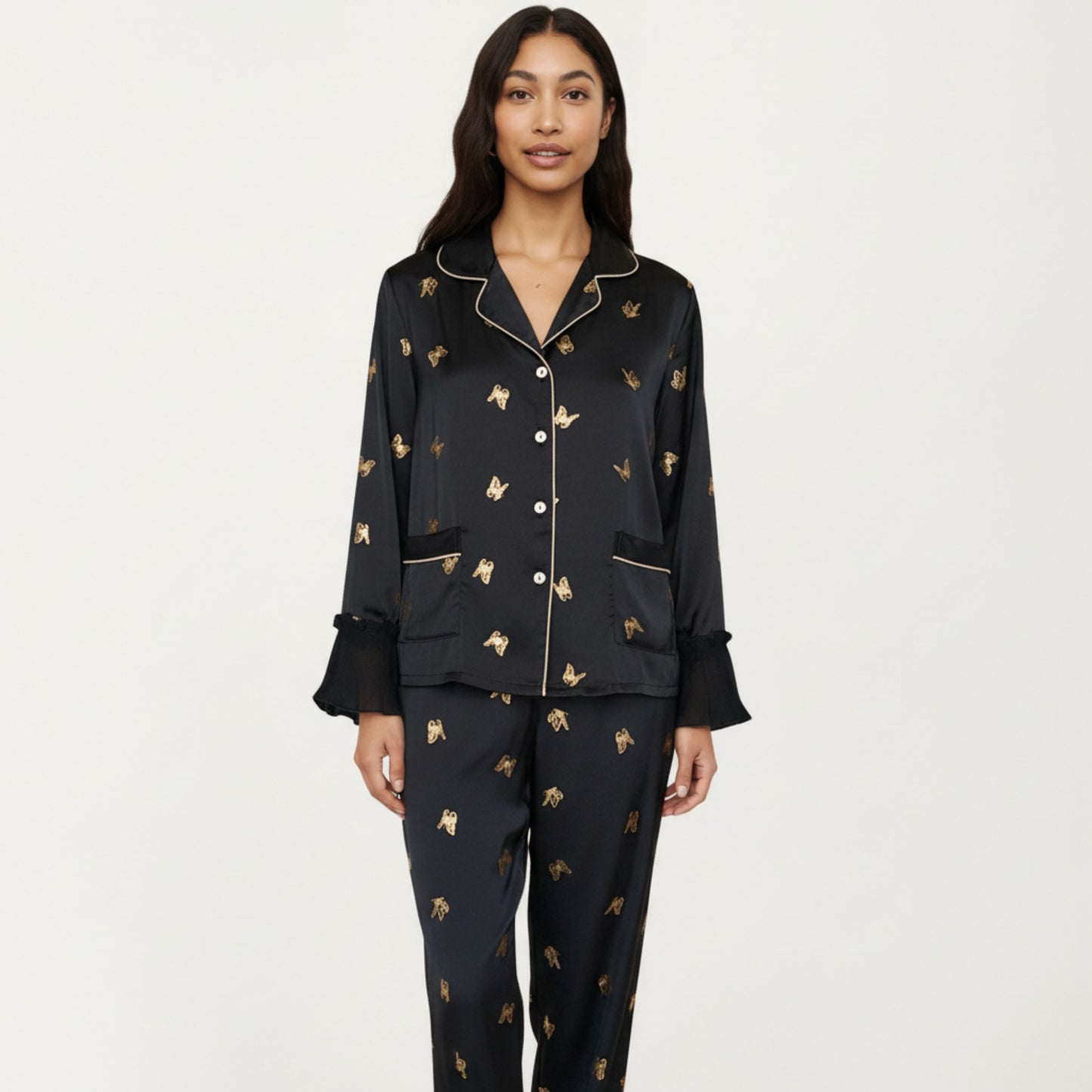 2-Piece Set Satin Pajama Top with Piping Detail and Ruffled Cuffs Paired with Matching Pants