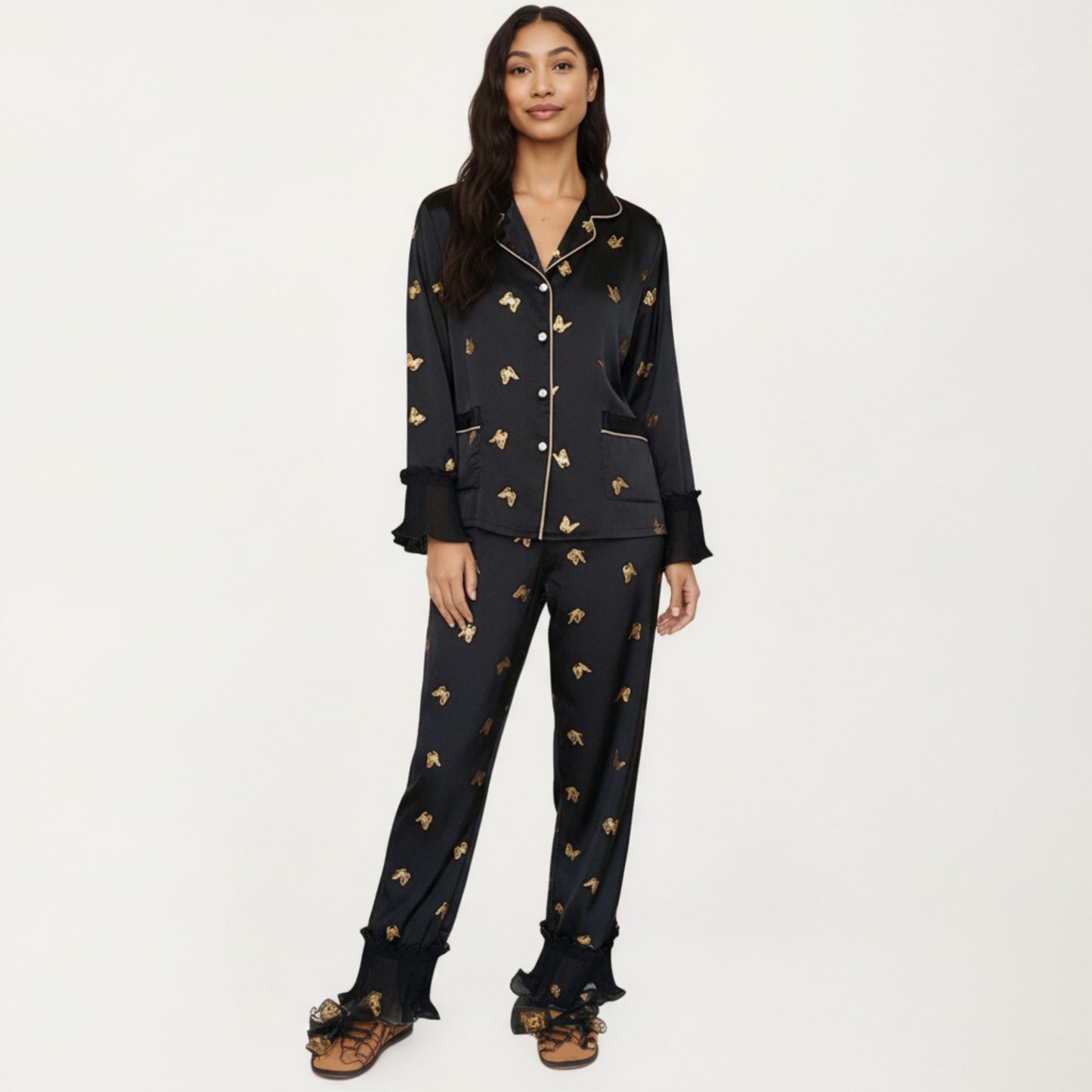 2-Piece Set Satin Pajama Top with Piping Detail and Ruffled Cuffs Paired with Matching Pants