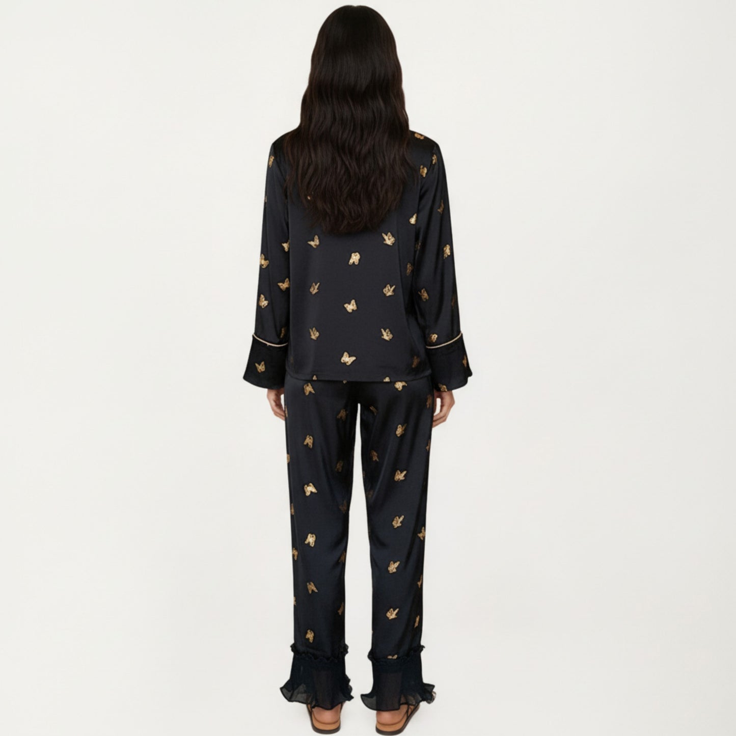 2-Piece Set Satin Pajama Top with Piping Detail and Ruffled Cuffs Paired with Matching Pants
