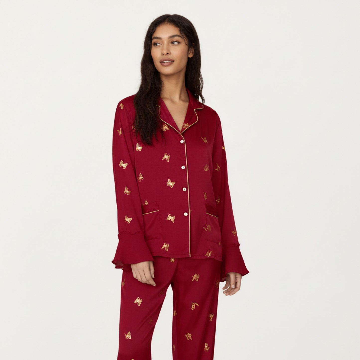 2-Piece Set Satin Pajama Top with Piping Detail and Ruffled Cuffs Paired with Matching Pants