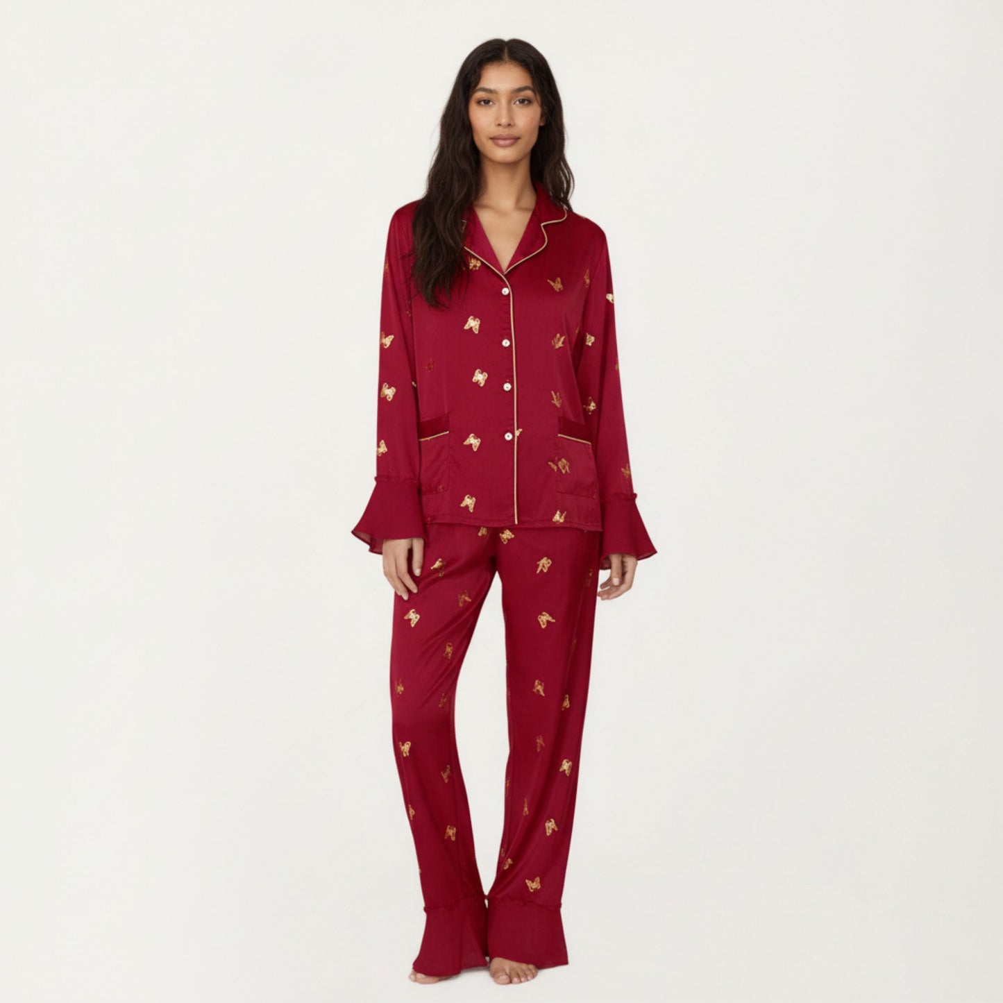 2-Piece Set Satin Pajama Top with Piping Detail and Ruffled Cuffs Paired with Matching Pants