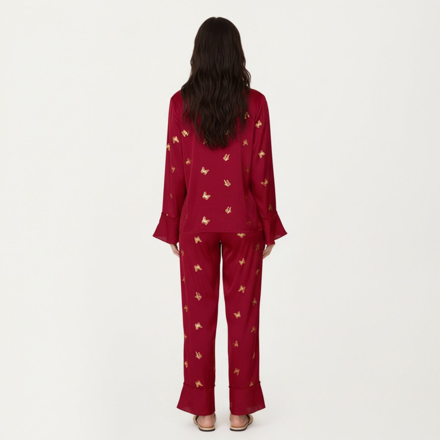 2-Piece Set Satin Pajama Top with Piping Detail and Ruffled Cuffs Paired with Matching Pants