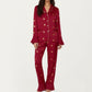 2-Piece Set Satin Pajama Top with Piping Detail and Ruffled Cuffs Paired with Matching Pants