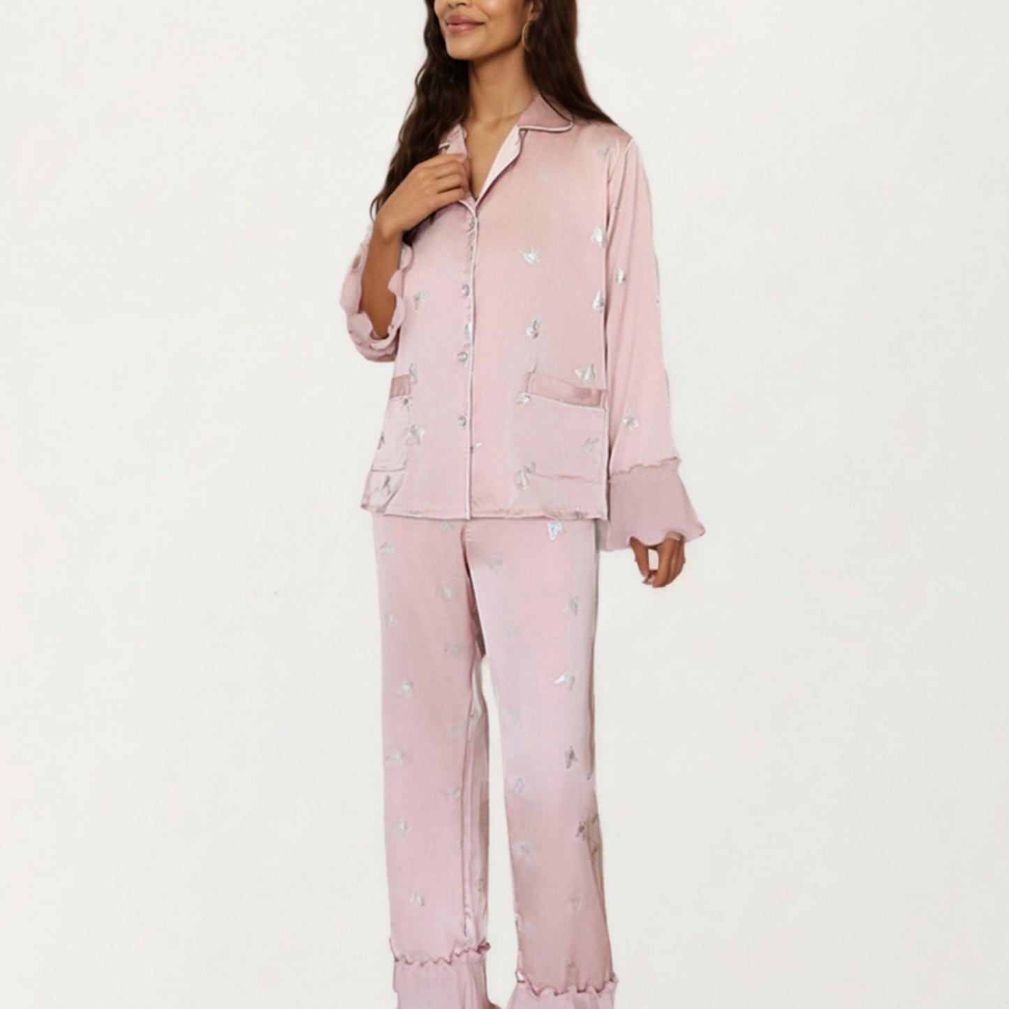 2-Piece Set Satin Pajama Top with Piping Detail and Ruffled Cuffs Paired with Matching Pants