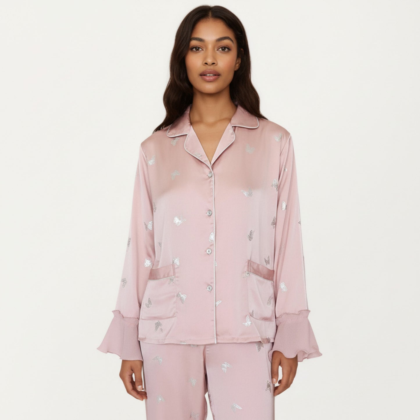 2-Piece Set Satin Pajama Top with Piping Detail and Ruffled Cuffs Paired with Matching Pants