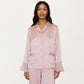 2-Piece Set Satin Pajama Top with Piping Detail and Ruffled Cuffs Paired with Matching Pants