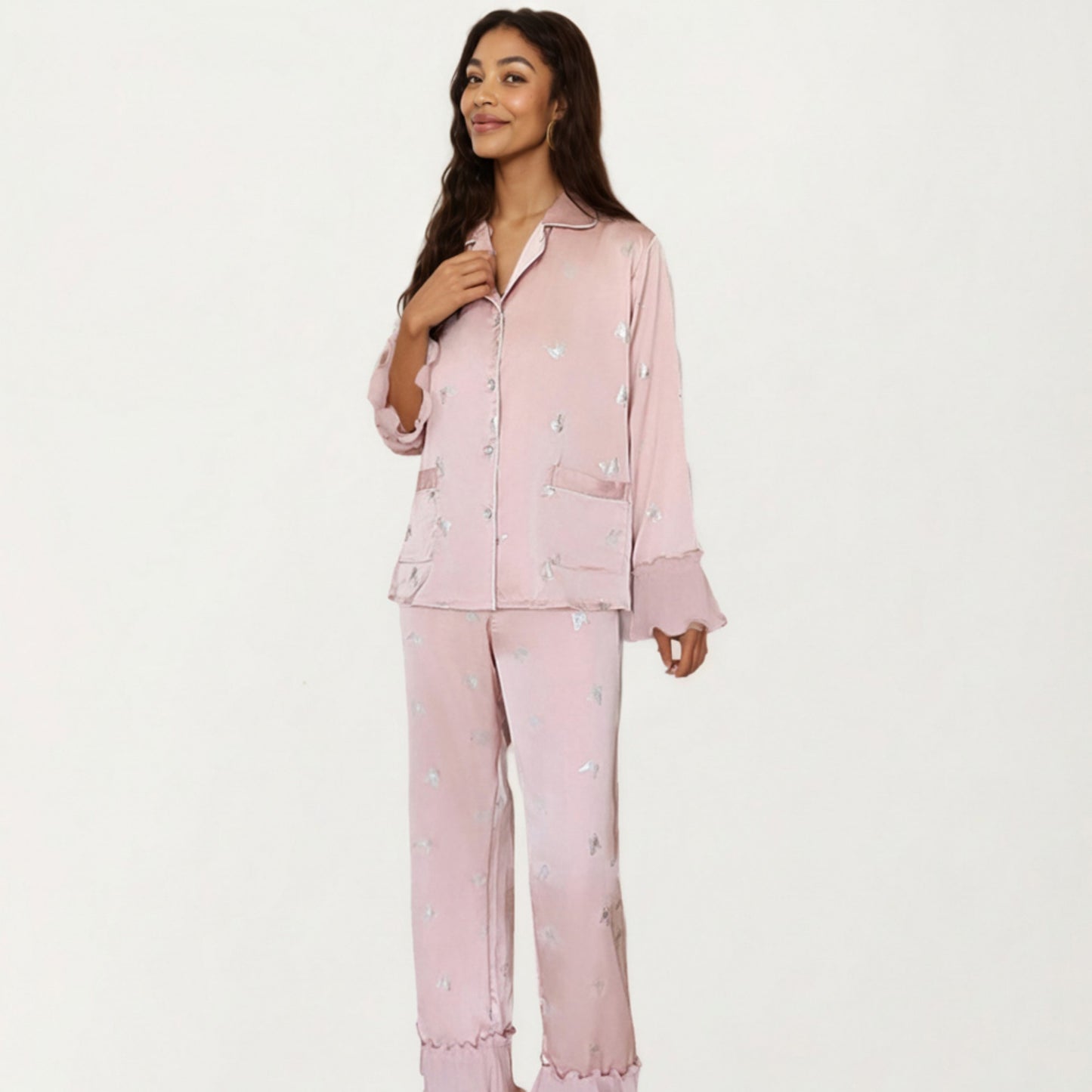 2-Piece Set Satin Pajama Top with Piping Detail and Ruffled Cuffs Paired with Matching Pants