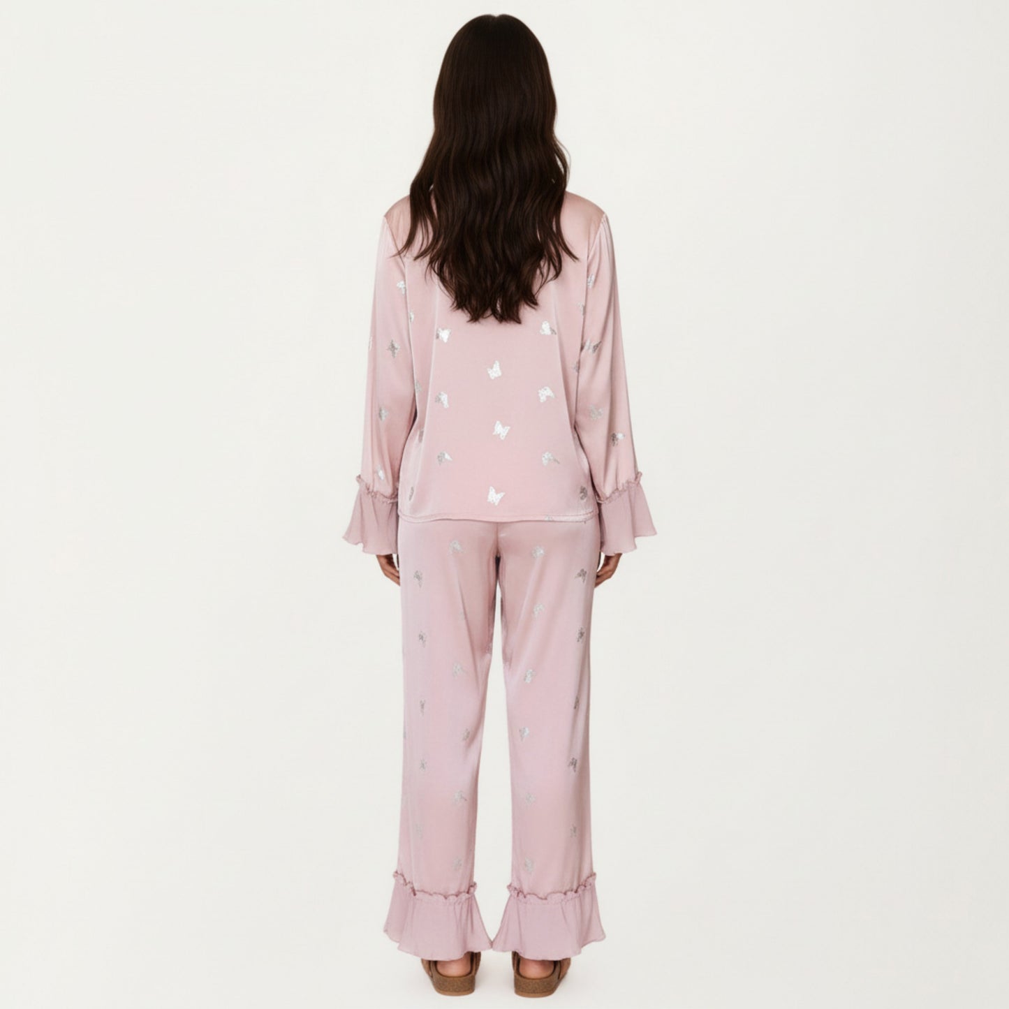 2-Piece Set Satin Pajama Top with Piping Detail and Ruffled Cuffs Paired with Matching Pants