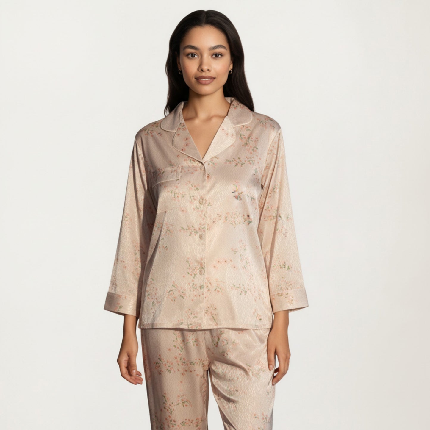 2-Piece Set Floral Satin Pajama Top and Relaxed Fit Pants with Smooth Finish and Soft Collar Detail