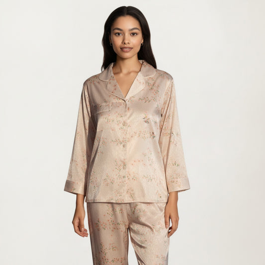 2-Piece Set Floral Satin Pajama Top and Relaxed Fit Pants with Smooth Finish and Soft Collar Detail