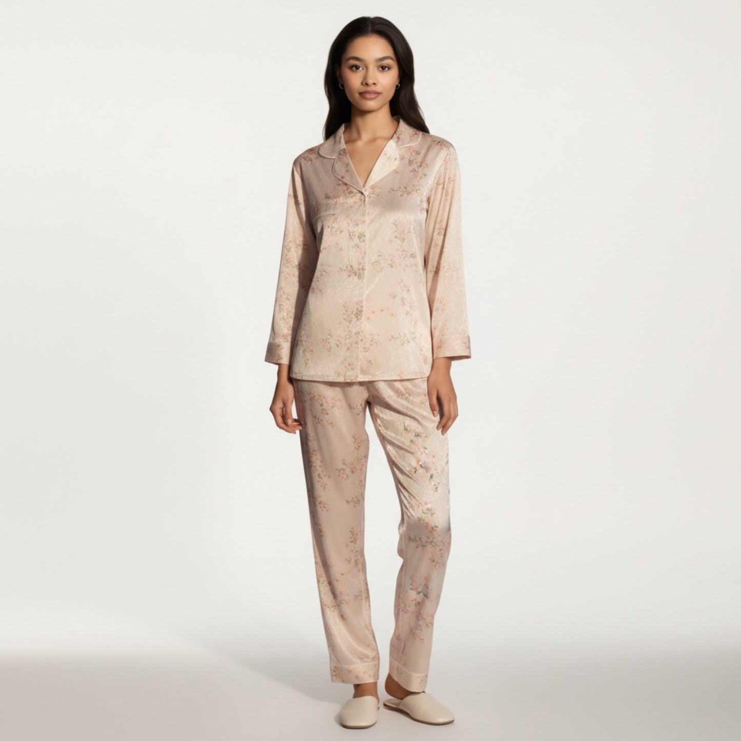 2-Piece Set Floral Satin Pajama Top and Relaxed Fit Pants with Smooth Finish and Soft Collar Detail
