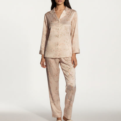 2-Piece Set Floral Satin Pajama Top and Relaxed Fit Pants with Smooth Finish and Soft Collar Detail