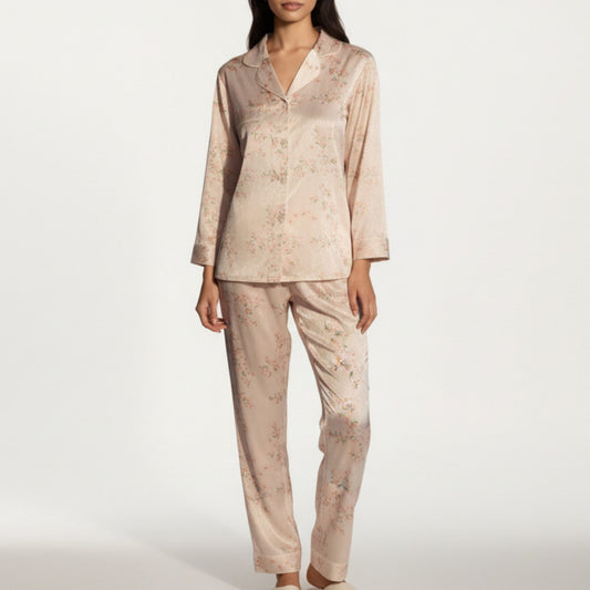 2-Piece Set Floral Satin Pajama Top and Relaxed Fit Pants with Smooth Finish and Soft Collar Detail