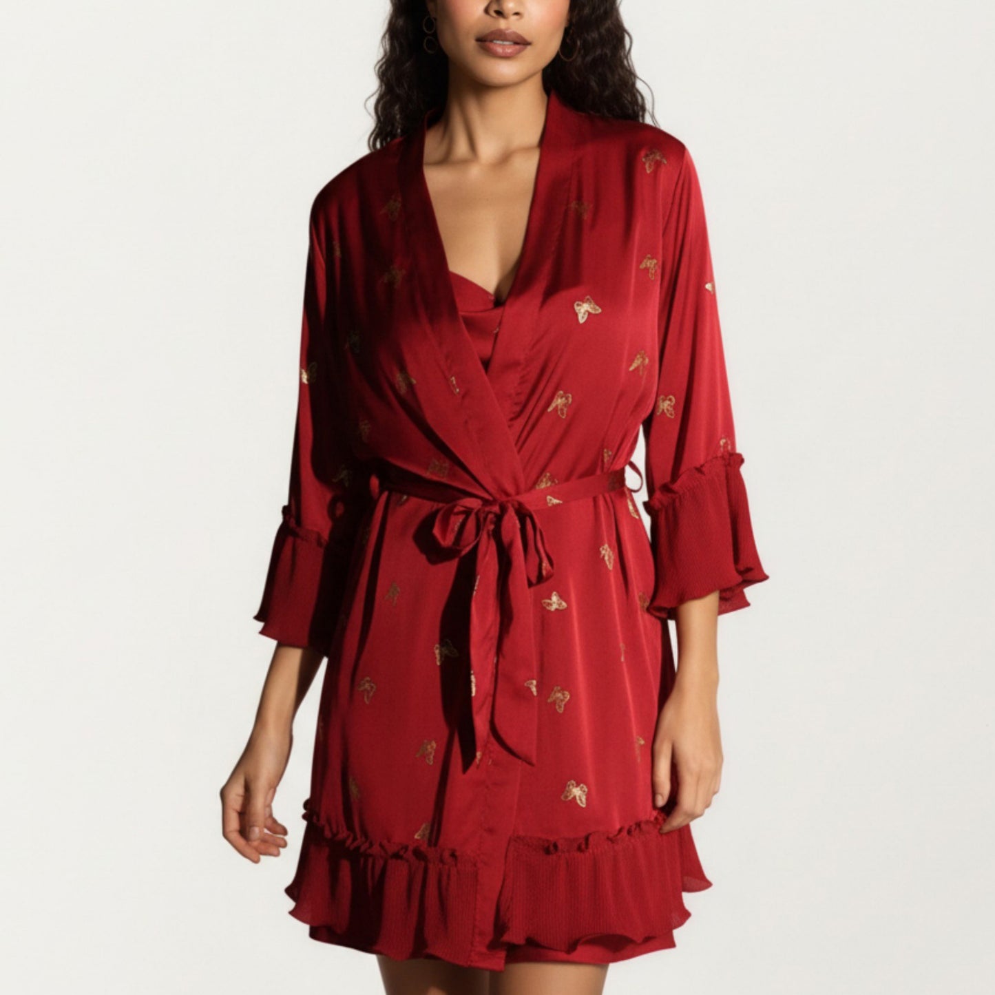 Satin Bow Print Slip Dress with Spaghetti Straps and Soft Draped Neckline for a Smooth Elegant Look