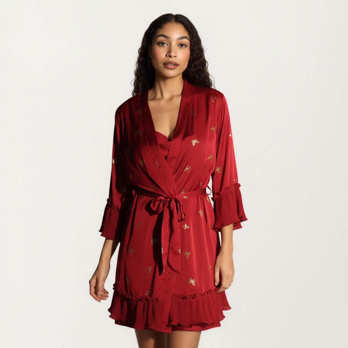 Satin Bow Print Slip Dress with Spaghetti Straps and Soft Draped Neckline for a Smooth Elegant Look