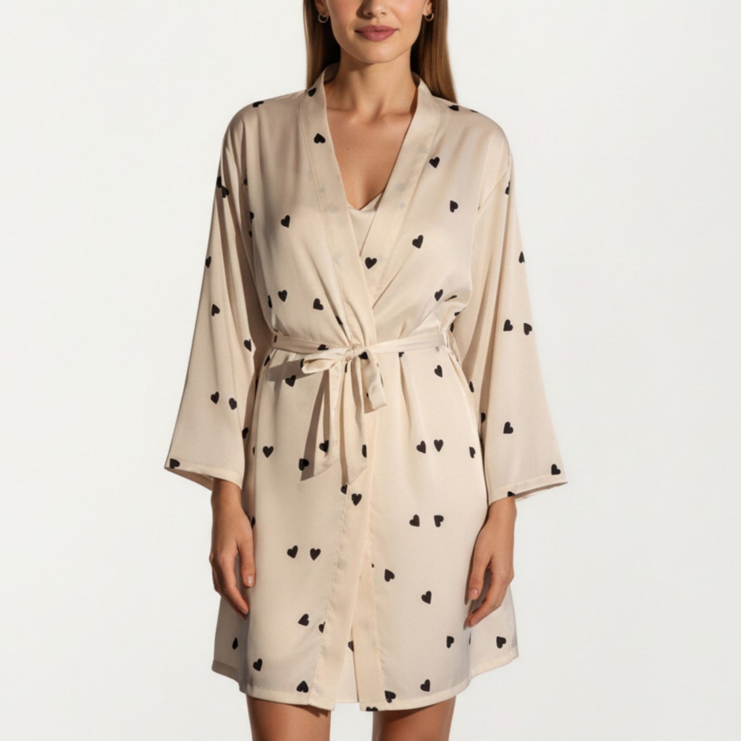 2-Piece Set Satin Polka Dot Slip Dress with Spaghetti Straps and Matching Tie Waist Robe Layer