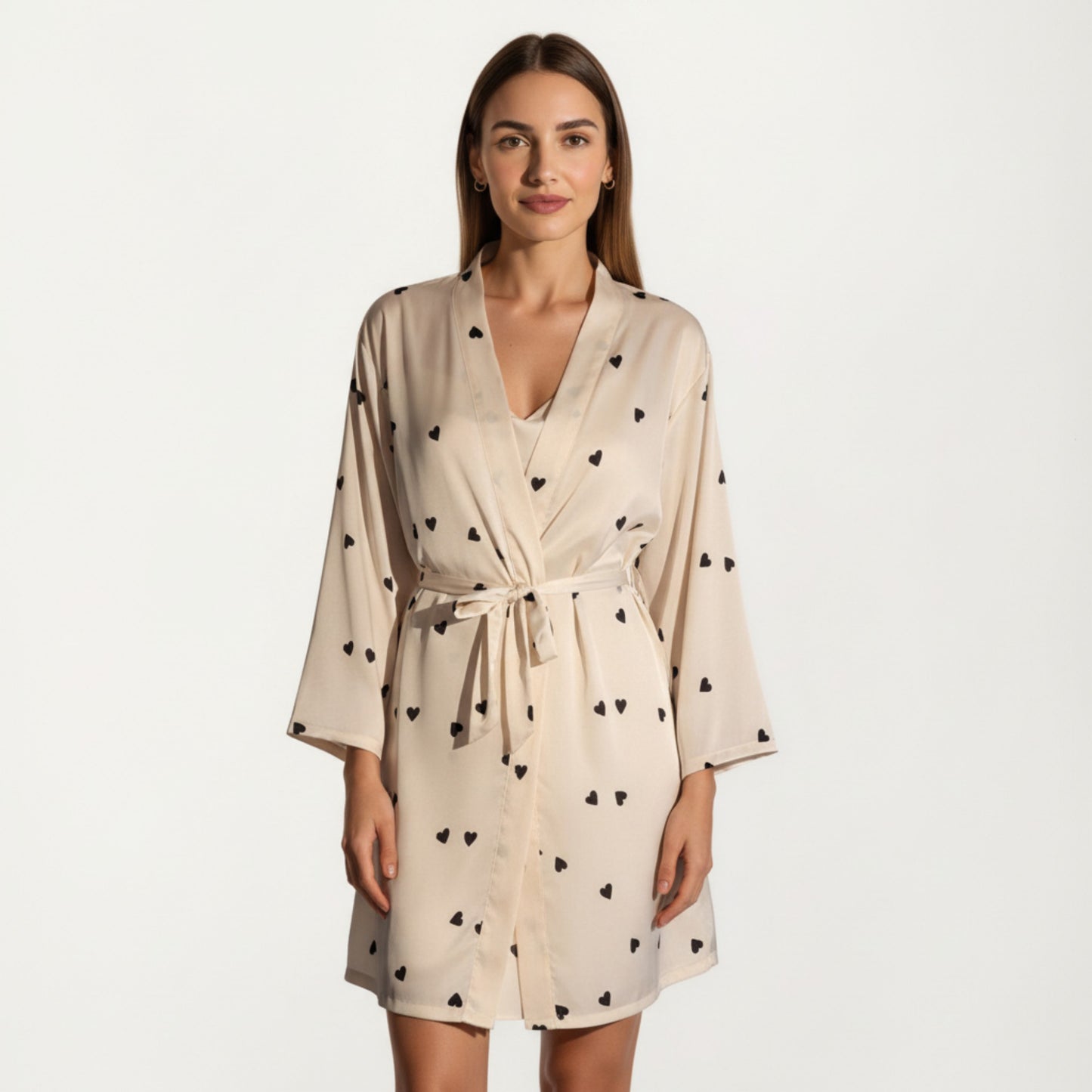 2-Piece Set Satin Polka Dot Slip Dress with Spaghetti Straps and Matching Tie Waist Robe Layer