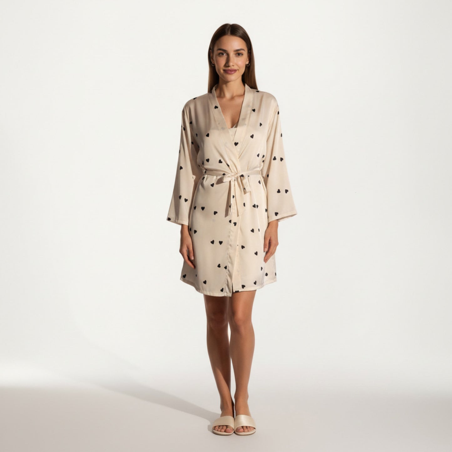 2-Piece Set Satin Polka Dot Slip Dress with Spaghetti Straps and Matching Tie Waist Robe Layer