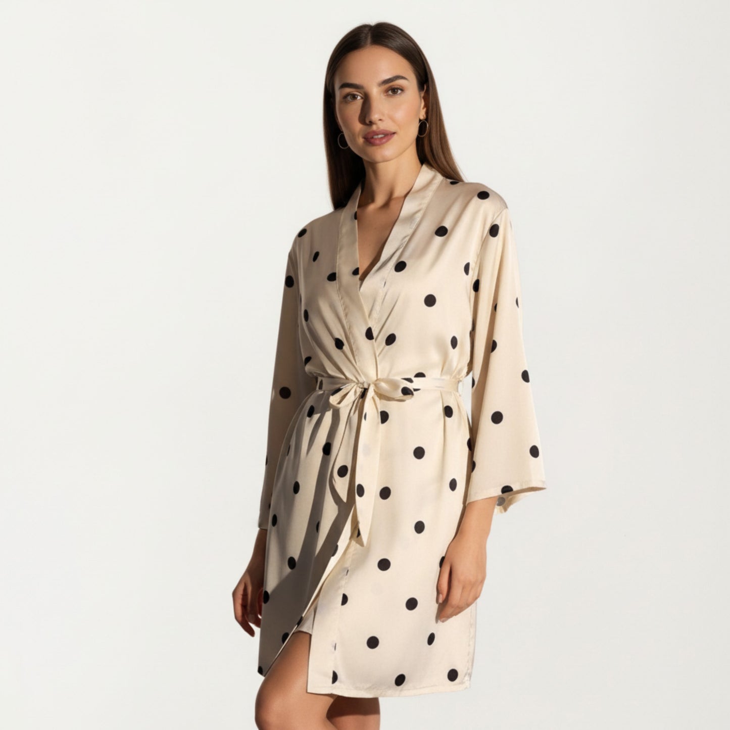 2-Piece Set Satin Polka Dot Slip Dress with Spaghetti Straps and Matching Tie Waist Robe Layer