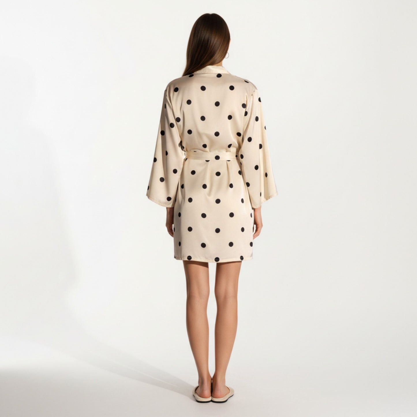2-Piece Set Satin Polka Dot Slip Dress with Spaghetti Straps and Matching Tie Waist Robe Layer
