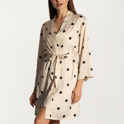 2-Piece Set Satin Polka Dot Slip Dress with Spaghetti Straps and Matching Tie Waist Robe Layer