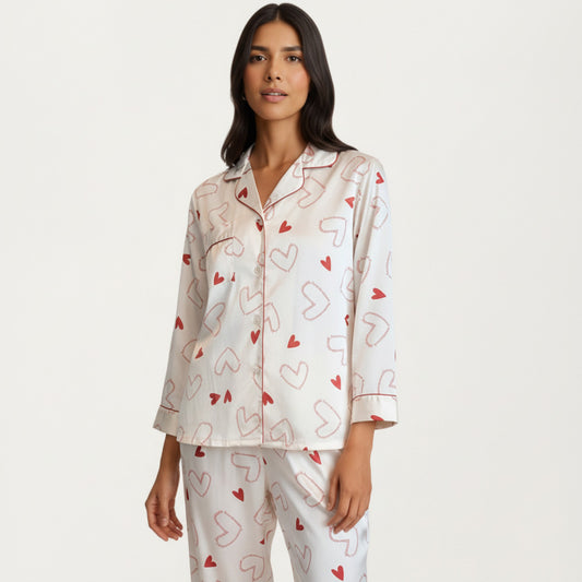 2-Piece Set Heart Print Satin Button Front Pajama Top with Contrast Piping and Matching Relaxed Fit Pants