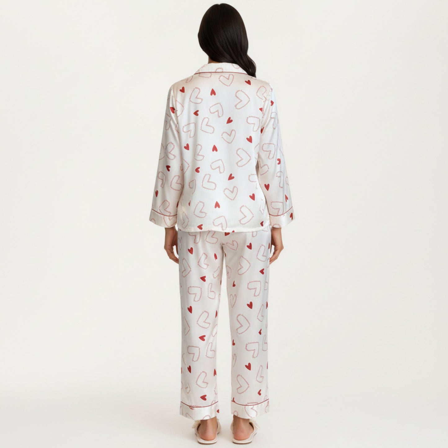 2-Piece Set Heart Print Satin Button Front Pajama Top with Contrast Piping and Matching Relaxed Fit Pants