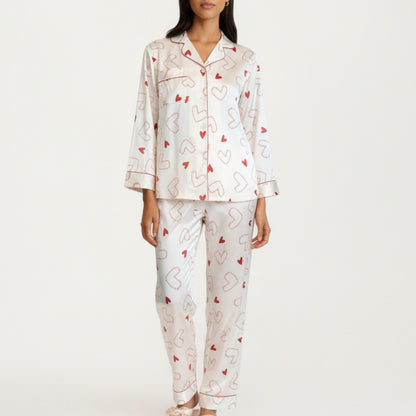 2-Piece Set Heart Print Satin Button Front Pajama Top with Contrast Piping and Matching Relaxed Fit Pants