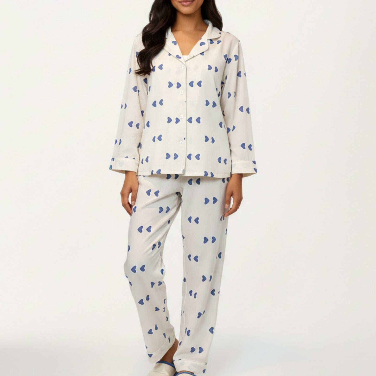 2-Piece Set Heart Print Button Front Pajama Top with Relaxed Long Sleeves and Matching Elastic Waist Pants