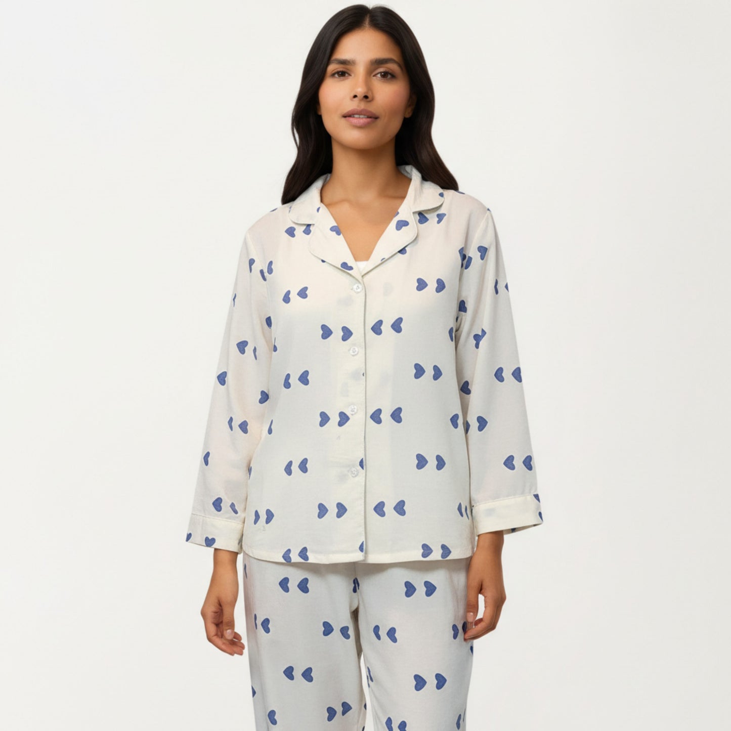 2-Piece Set Heart Print Button Front Pajama Top with Relaxed Long Sleeves and Matching Elastic Waist Pants