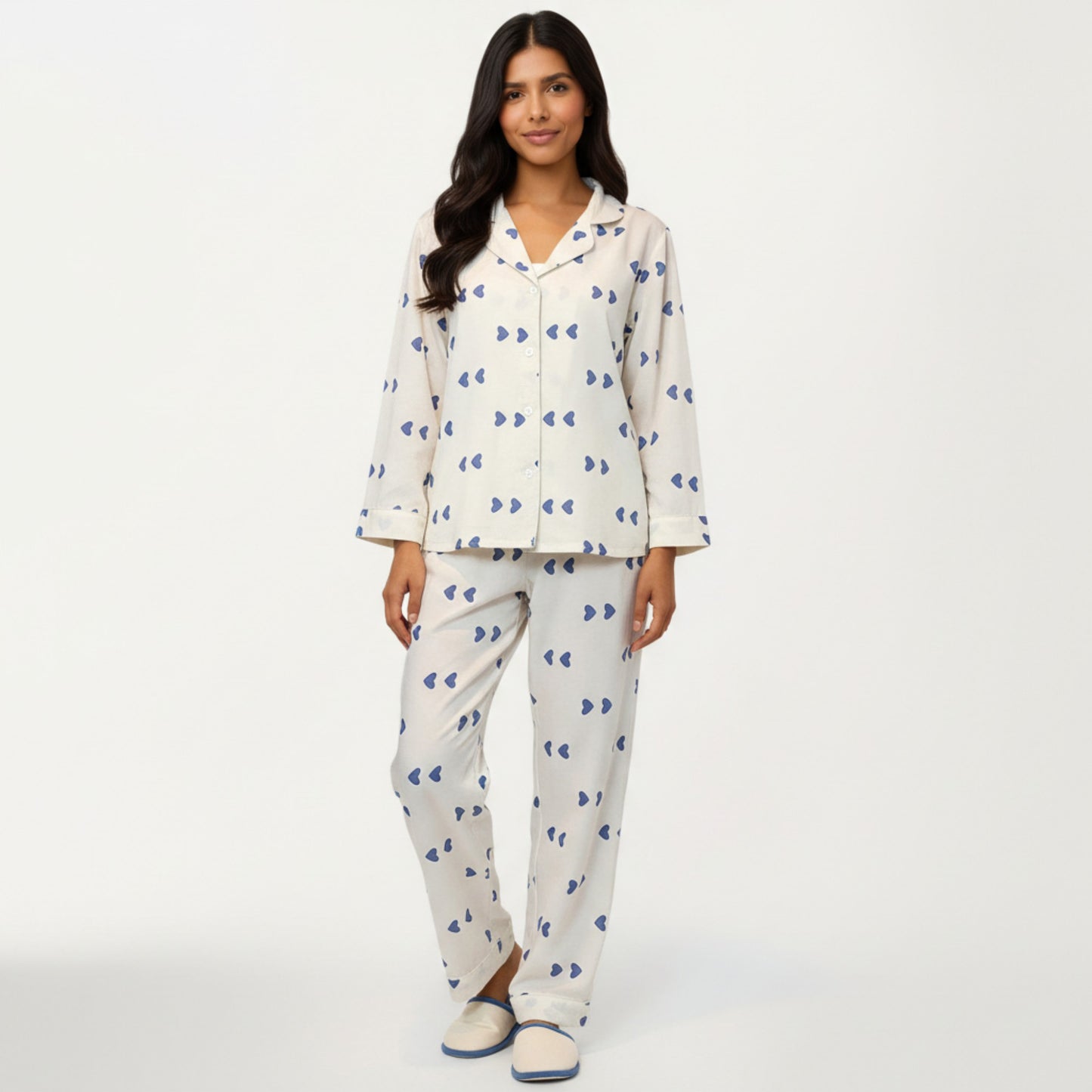 2-Piece Set Heart Print Button Front Pajama Top with Relaxed Long Sleeves and Matching Elastic Waist Pants