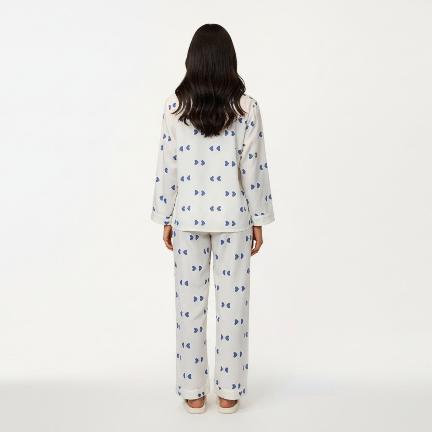 2-Piece Set Heart Print Button Front Pajama Top with Relaxed Long Sleeves and Matching Elastic Waist Pants