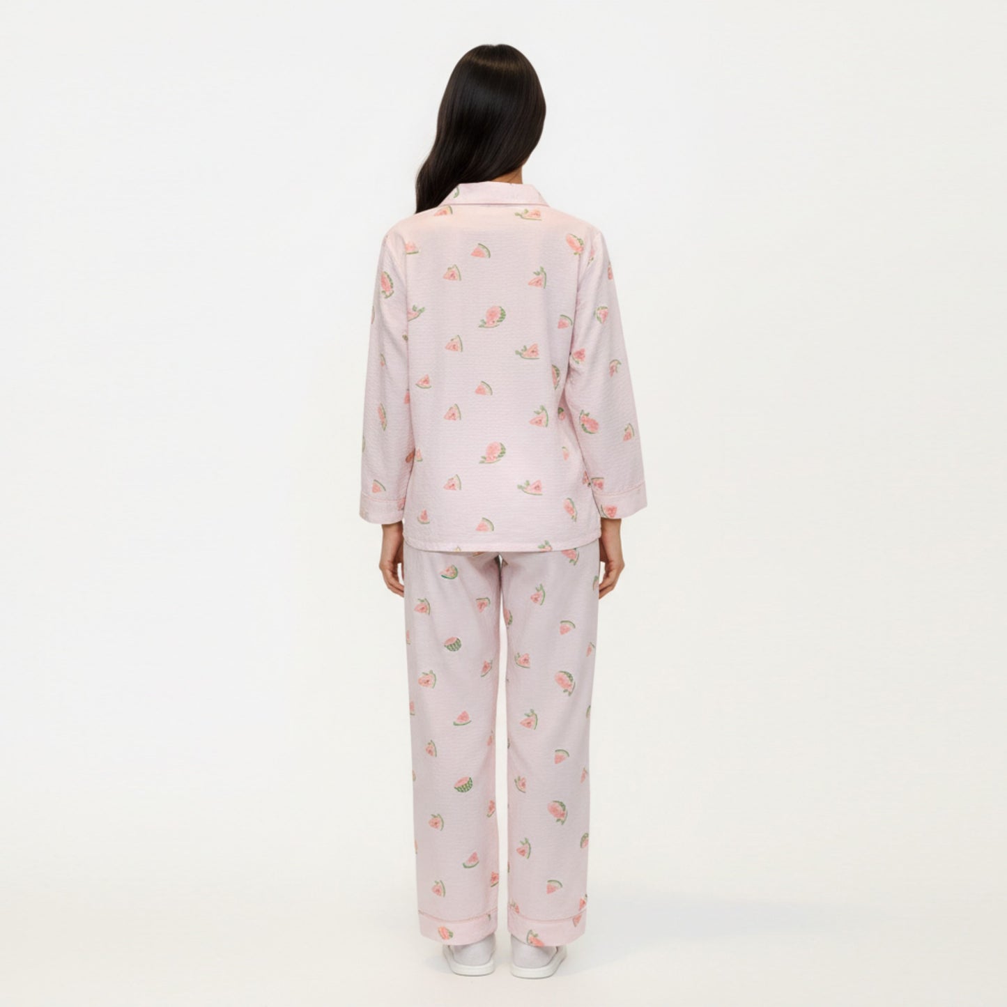 2-Piece Set Heart Print Button Front Pajama Top with Relaxed Long Sleeves and Matching Elastic Waist Pants