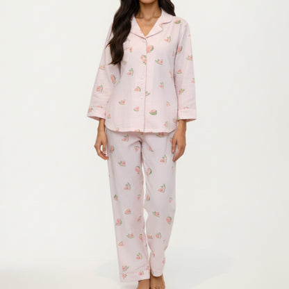 2-Piece Set Heart Print Button Front Pajama Top with Relaxed Long Sleeves and Matching Elastic Waist Pants