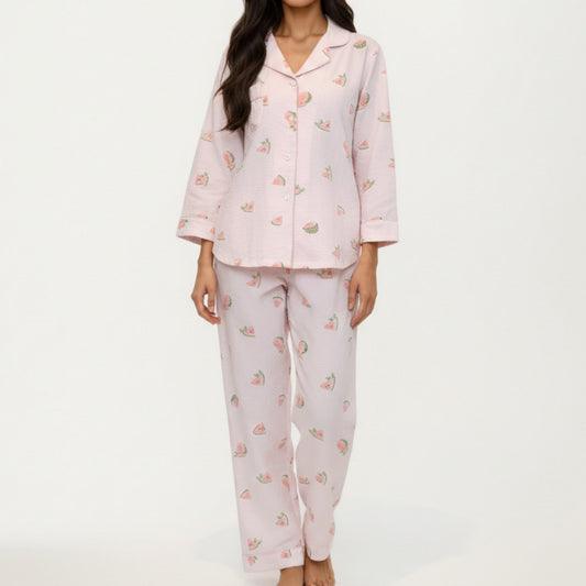 2-Piece Set Heart Print Button Front Pajama Top with Relaxed Long Sleeves and Matching Elastic Waist Pants