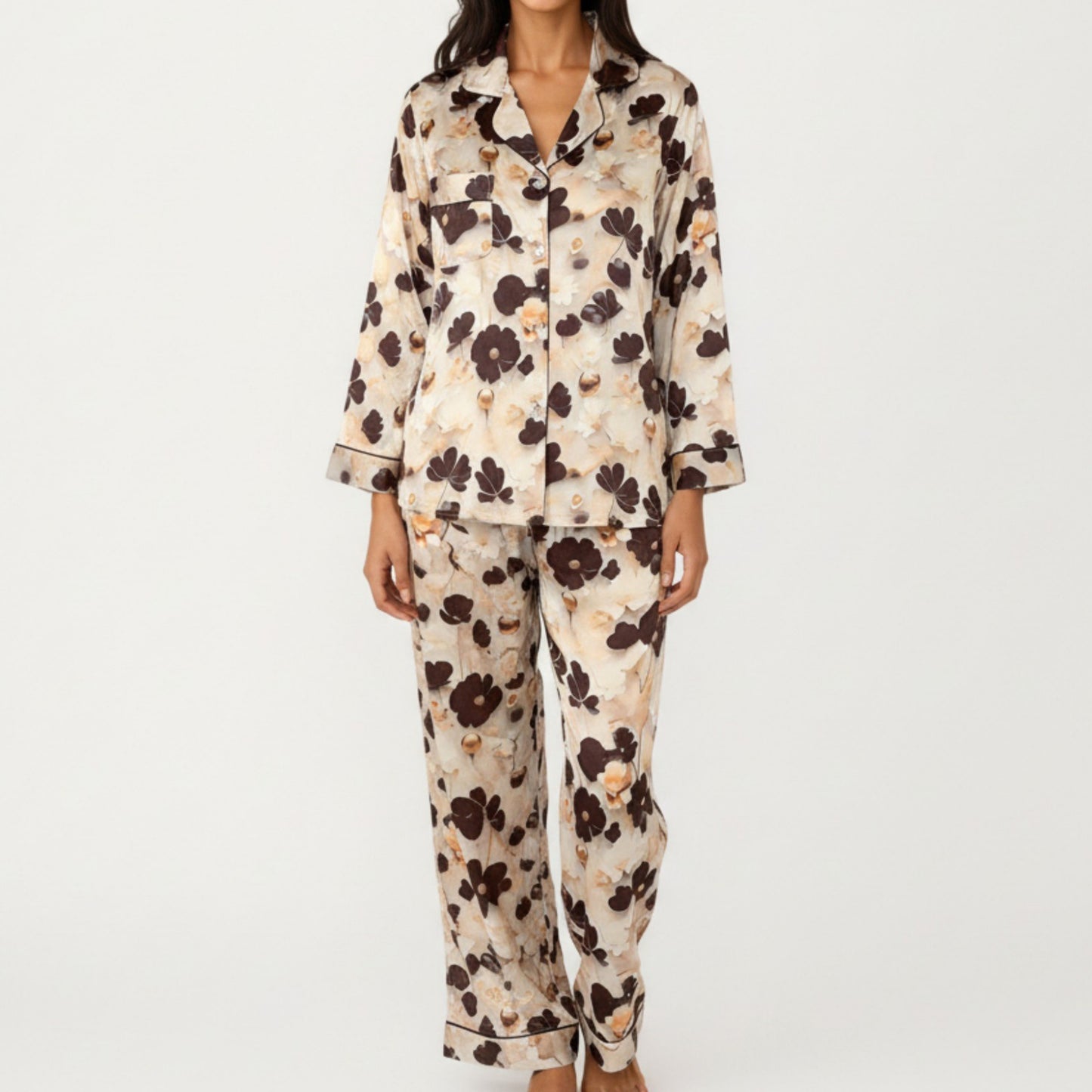 2-Piece Set Floral Satin Button Front Pajama Top with Contrast Piping and Elastic Waist Pants
