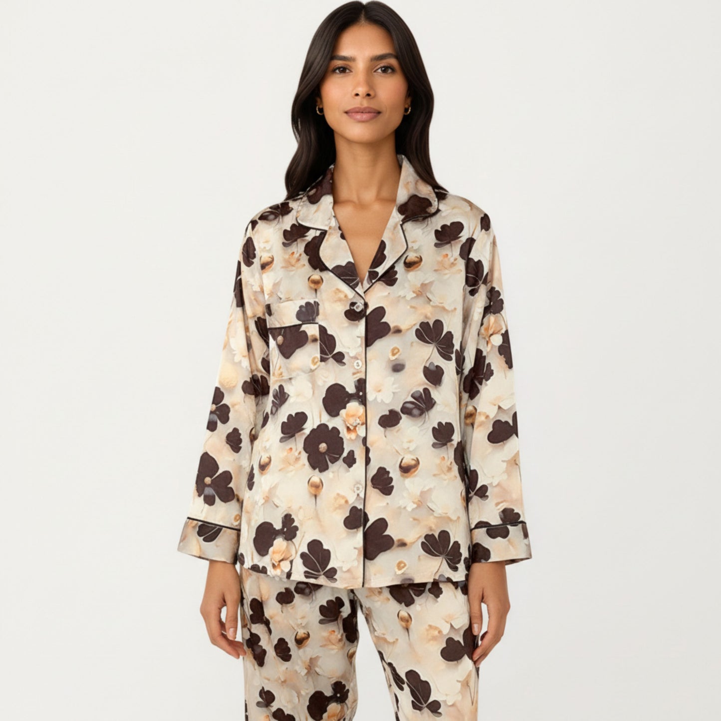 2-Piece Set Floral Satin Button Front Pajama Top with Contrast Piping and Elastic Waist Pants