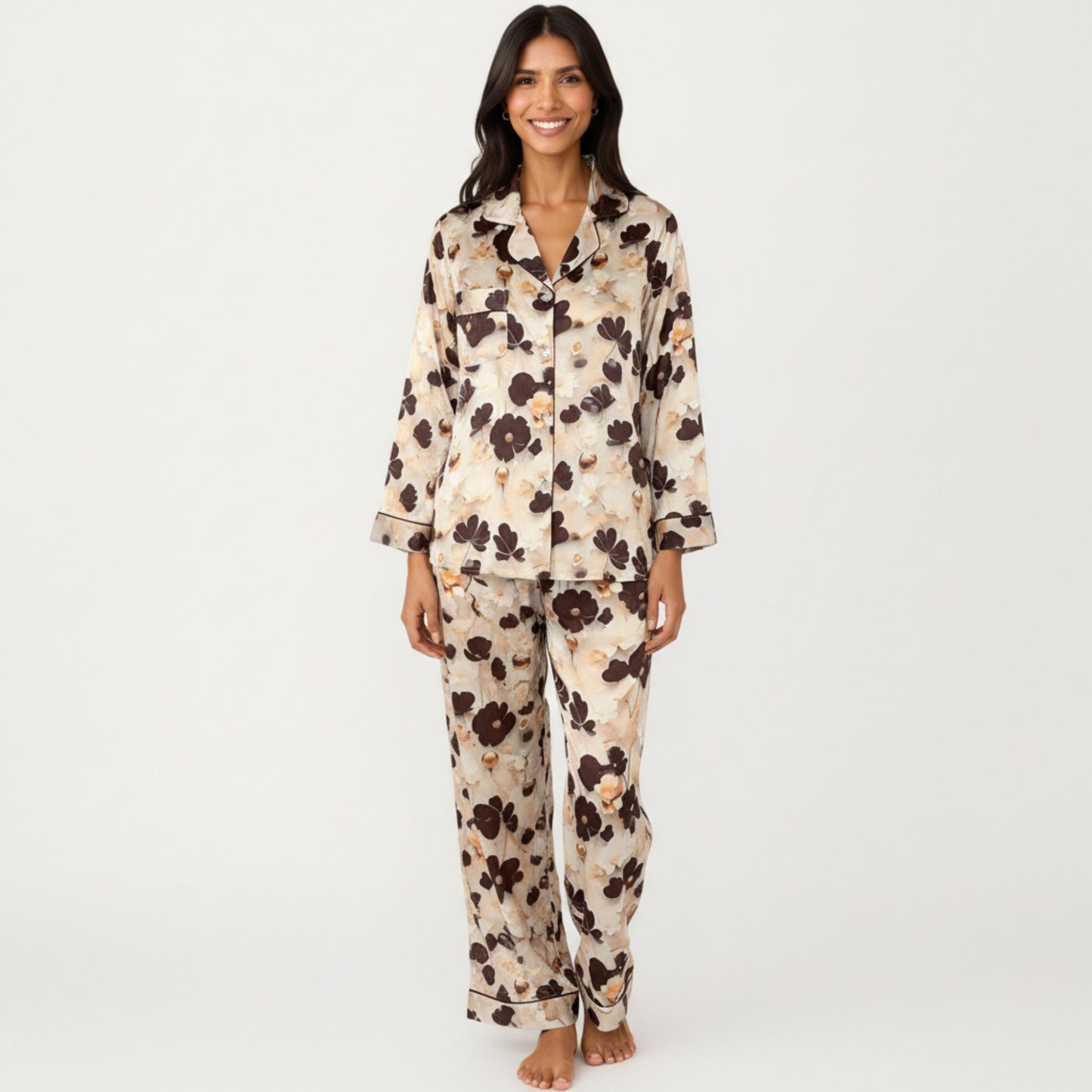 2-Piece Set Floral Satin Button Front Pajama Top with Contrast Piping and Elastic Waist Pants