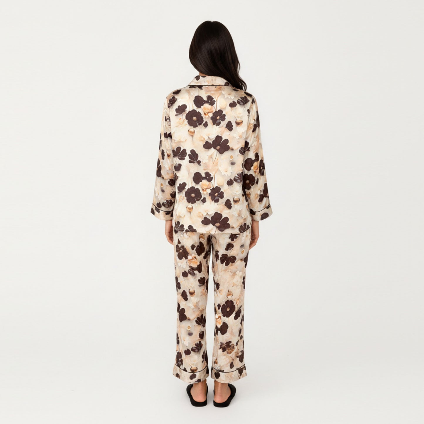 2-Piece Set Floral Satin Button Front Pajama Top with Contrast Piping and Elastic Waist Pants