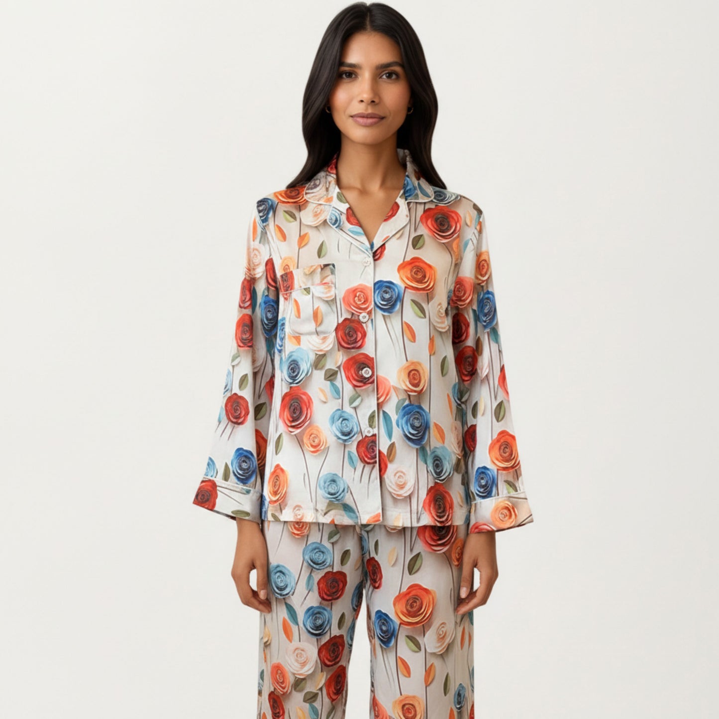 2-Piece Set Floral Satin Button Front Pajama Top with Contrast Piping and Elastic Waist Pants