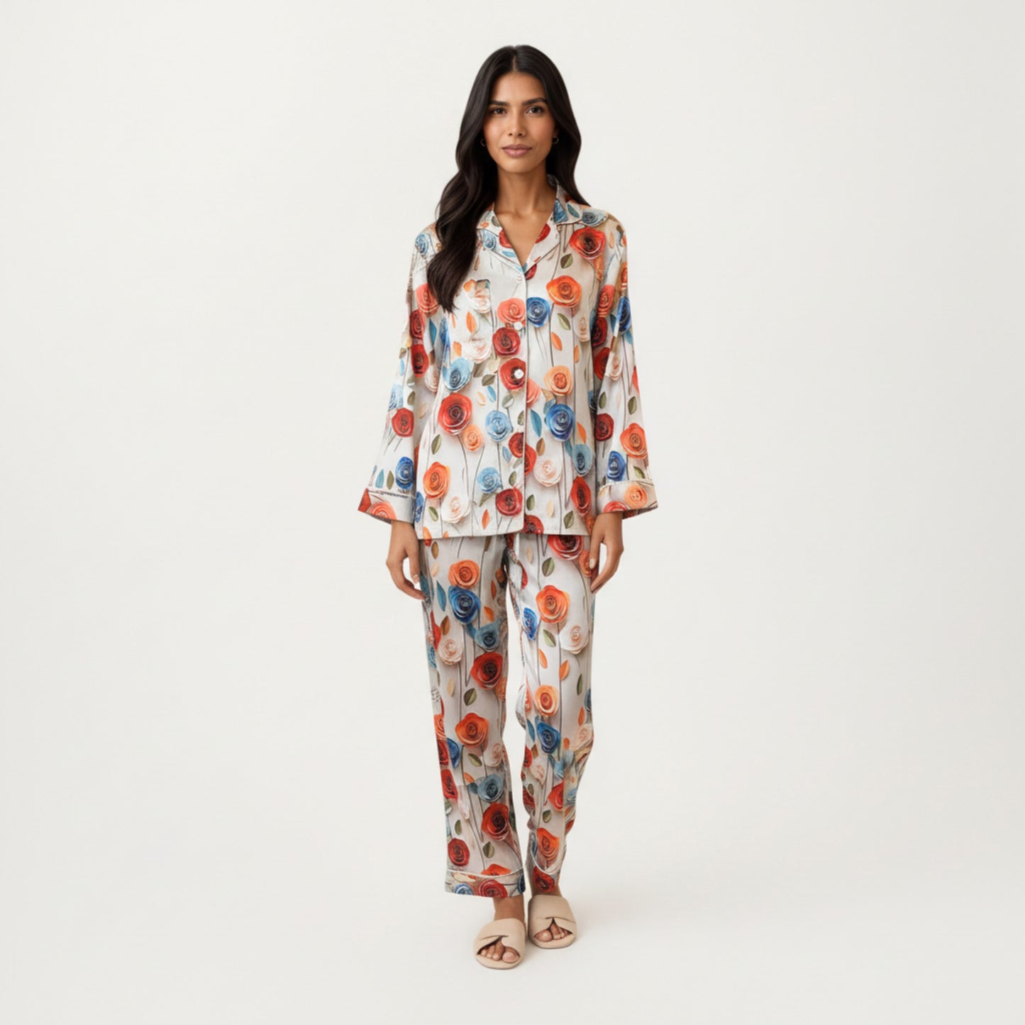 2-Piece Set Floral Satin Button Front Pajama Top with Contrast Piping and Elastic Waist Pants