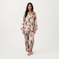 2-Piece Set Floral Satin Button Front Pajama Top with Contrast Piping and Elastic Waist Pants